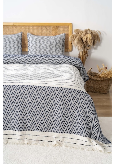 Milena Lacivert Çift Kişilik %100 Pamuklu Yatak Örtüsü Takımı 3 Parça Uyku & Çeyiz Seti