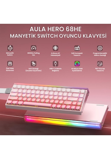 Aula Hero 68 He Manyetik Klavye Rapid Trigger Black King Switch 8000hz Rgb Neon Tkl Hot Swap Oyuncu Klavyesi Pembe