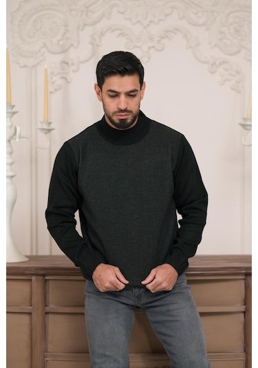 Woolen World Balıkçı Yaka Desenli Yünlü Erkek Triko Kazak Antrasit