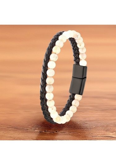 Akik Doğaltaş Doğal Deri Ve Çelik Erkek Bileklik Csr2220080 Siyah - Beyaz