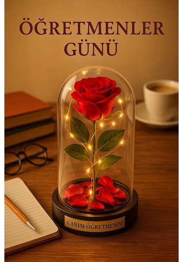 Sevgiliye Eşe Öğretmenler Gününe Anlam Katan Özel Fanusta Led Işıklı Canım Öğretmenim Hediye Biblosu Çok Renkli