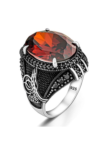 Osmanlı Mührü Motifli Kırmızı Zirkon Taşlı Gümüş Yüzük