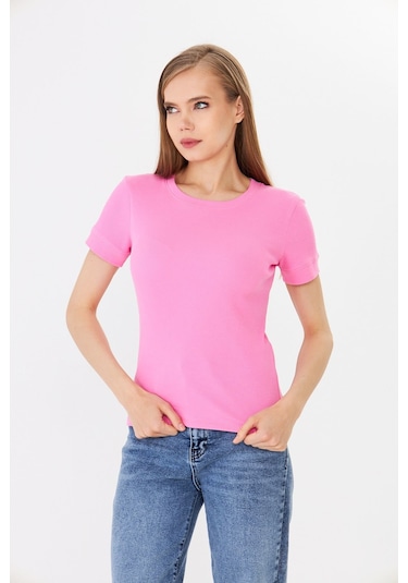 Hdm Kadın Pembe Kısa Kollu Basic Bisiklet Yaka Tişört - H6037