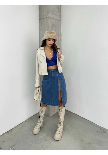 Shevega Kadın Mavi Ön Fermuar Detayli Kot Etek Mavi