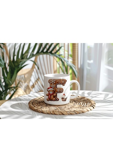 F Kurabiye Harf Ve Ayıcık Detaylı Kupa Bardak - Yeni Yıl / Yılbaşı Temalı Tasarım - Noel Hediye Beyaz