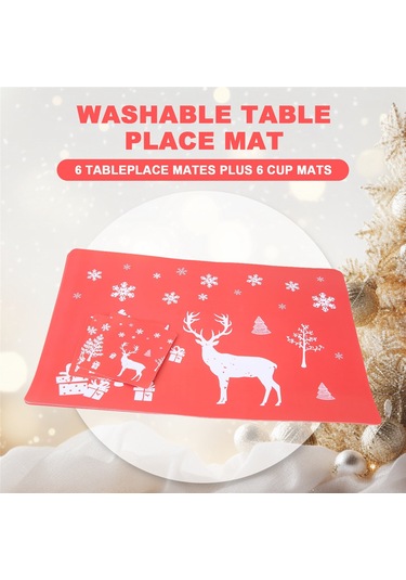 Bairuntong Noel Amerikan Servisi Yıkanabilir Mat Seti 6'lı Amerikan Servisi Ve 6 Bardak Matı Kırmızı