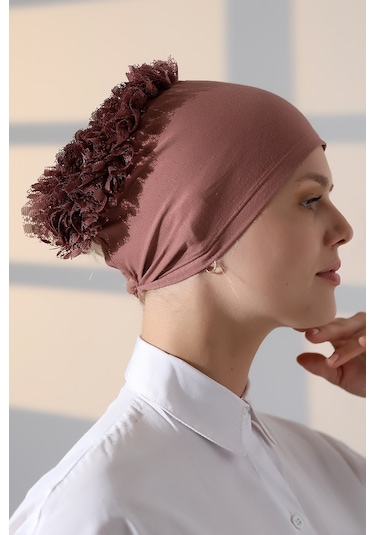 Kadın Fırfırlı Güpürlü Tesettür Topuz Bone - Gül Kurusu Gülkurusu