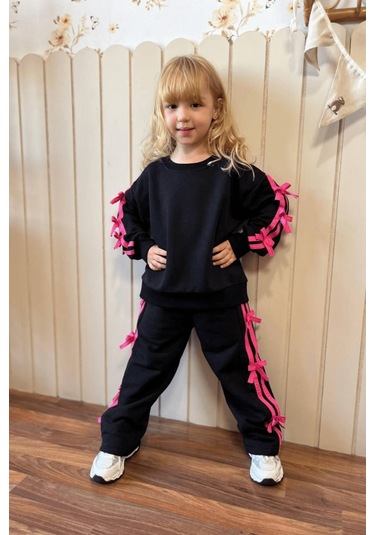 3-10 Yaş Fiyonklu Kız Çocuk Eşofman Takımı Siyah Siyah