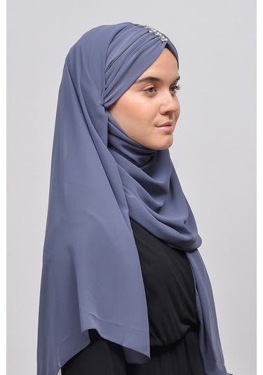 Altobeh Zarif Taşlı Drapeli Hazır Pratik Şifon Kadın Tesettür Şal - Gümüş
