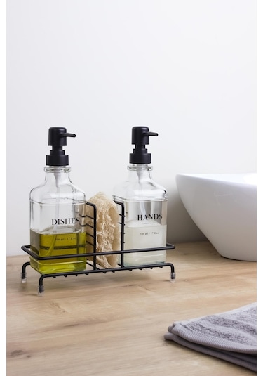 Okyanus Home Siyah Pompalı Ve Standlı İkili Kare Cam Sıvı Sabunluk 500ml