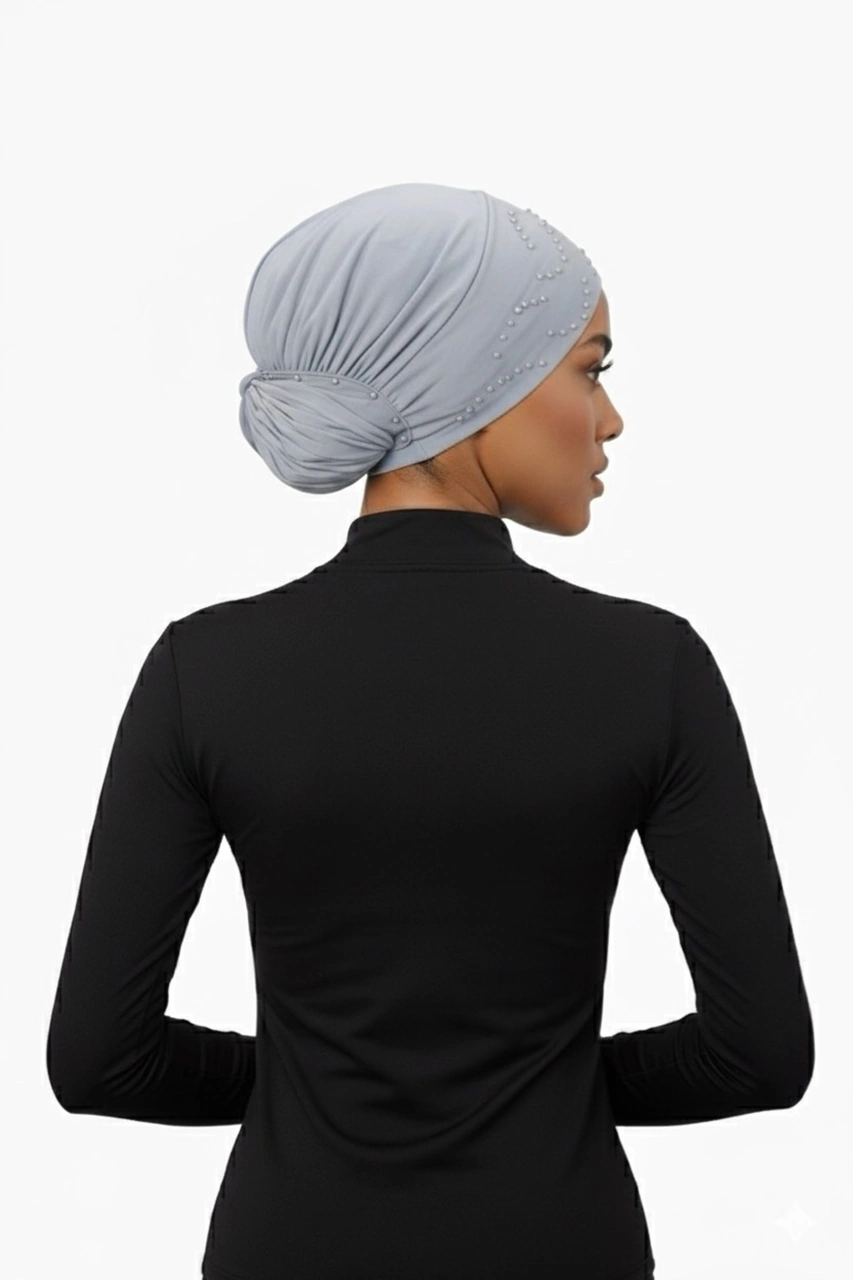 Topuzlu Açık Gri Hazır Türban Tesettür Bone Açık Gri