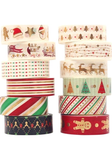 12 Rulo Noel Washi Bant Seti, Altın Maskeleme Bandı, İnce Dekoratif Renkli Bantlar, Noel Tasarımları, El Sanatları Bantları 1,5 Cm X 5 M 12