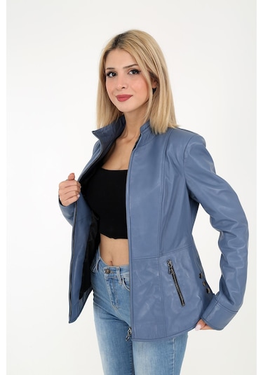 DERİNSS DKA1001 Hakiki Deri Kadın Mavi Mont