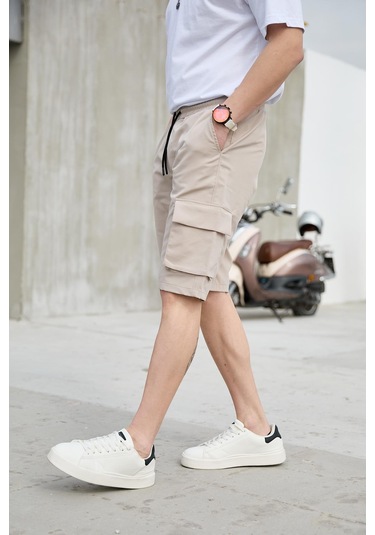 Bej Renk Kargo Cepli Paraşüt Kumaş Erkek Şort-1556 Bej