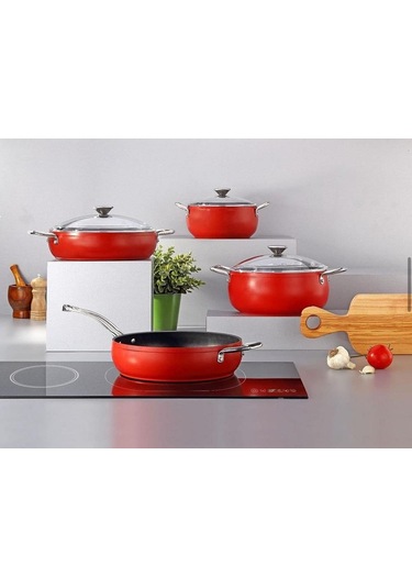 Bonera Pro Plus 7 Parça Titanyum Tencere Set Kırmızı İndüksiyonlu