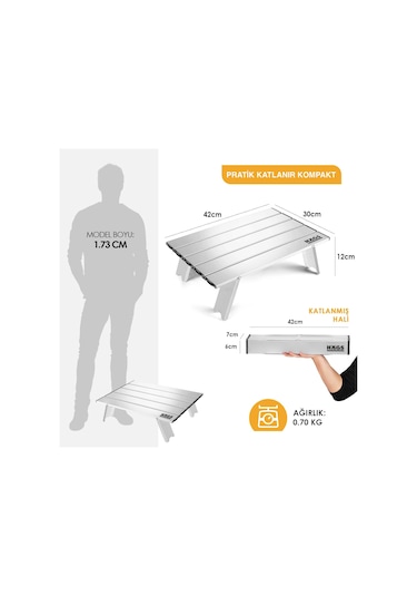 Haegs Portatif Küçük Masa Alüminyum Hafif - Plaj, Piknik, Kamp, Balıkçı, Outdoor Küçük Sehpa Masa - Gümüş