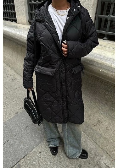 Fermuar Ve Kapşonlu Uzun Kapitone Mont 7062 Si Yah Siyah