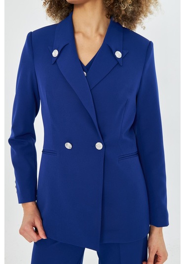 Yakası Düğme Detaylı 3lü Takım Saks Saks Mavisi