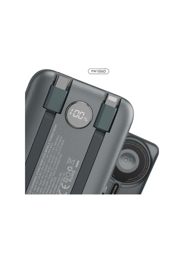 Lenyes Pw1006d Dijital Led Ekranlı Standlı Wireless Powerbank 15w 10000mah Gri