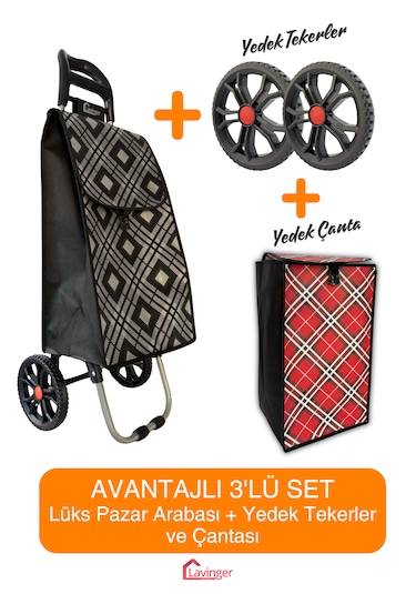 Pazar Arabası Plus Avantajlı 3' Lü Set Pazar Arabası + Yedek Tekeri + Yedek Çantası. Siyah