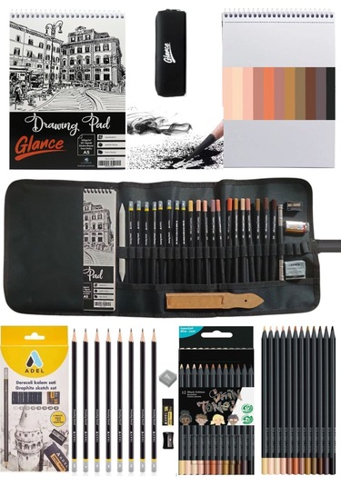 Eskiz Defteri A5 120 Gr 50 Yp Black Edition Boya Kalemi 12 Renk Cepli Siyah Kalemlik 24 Bölmeli Set