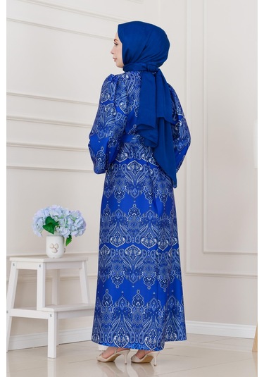 Balon Kol Saten Adel Elbise-mavi-5234 Mavi