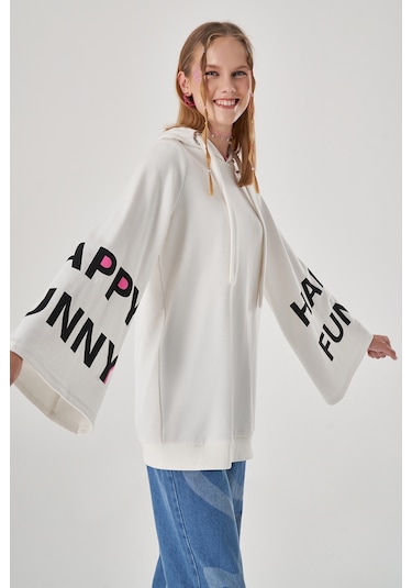 Mizalle Kolları Baskılı Ekru Sweatshirt Ekru