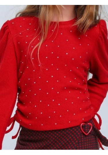 Kız Çocuk Fitilli Taş İşleme Detaylı Bluz-14340 Kırmızı