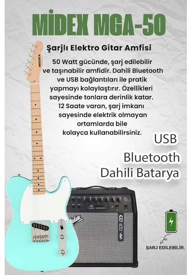 Midex Tlx-50gr-50amp Tele Kasa Maple Klavye 2 Single-coil 50w Amfili Elektro Gitar