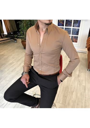 Italyan Stil Slim Fit Dik Yaka Saten Erkek Gömlek Vizon T5104 Vizon