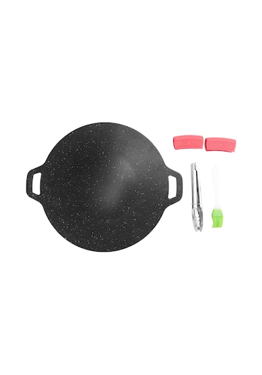 34cm Açık Hava Kamp Izgara Plakası Yapışmaz Kore Barbekü Plakası Siyah