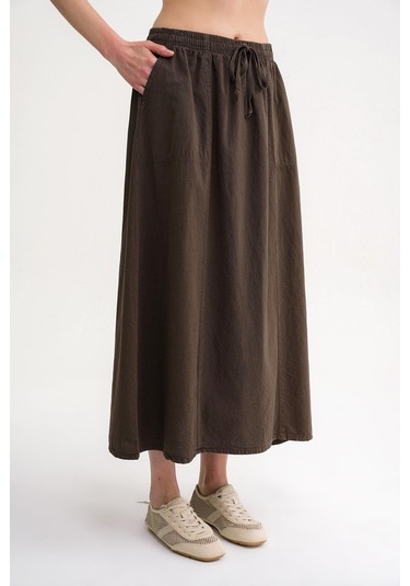 4633 Kadın Yandan Cepli Parçalı Etek Haki Haki