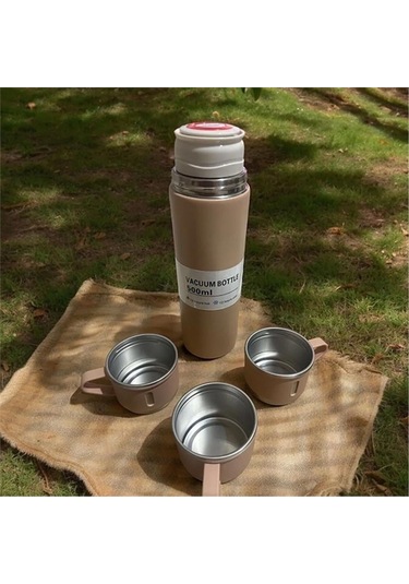 Kişiselleştirilebilir 3 Bardaklı Çelik Termos 05 Lt Kahverengi Kahverengi