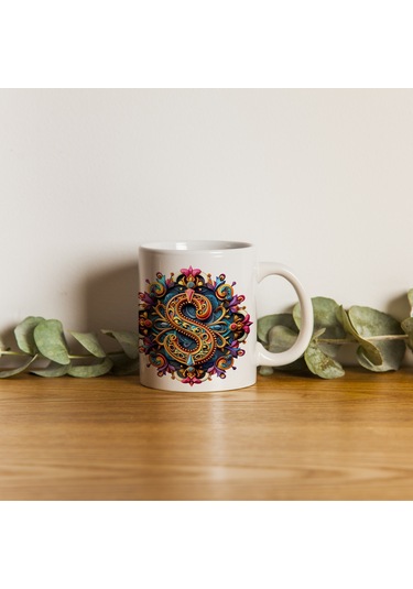 S Harfi Boho Bardak, Renkli Özel Tasarım Hediyelik Harfli Kupa, 330ml Porselen Beyaz