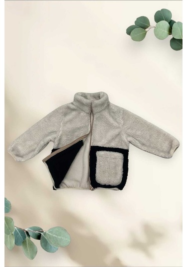 Kız Çocuk Peluş Ekru Siyah Cepli Fermuarlı Welsoft Kışlık Mont Ekru