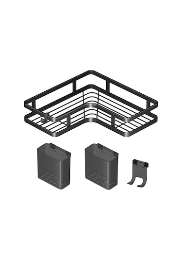 Springsun Banyo Köşe Dolabı, Duvar Üstü İki Katlı Sıralama Rafı, Delme Yok Kurulum, Rust Öğesi, Mutfak/banyo/ Balkon Depolama Çözümü Siyah Diğer