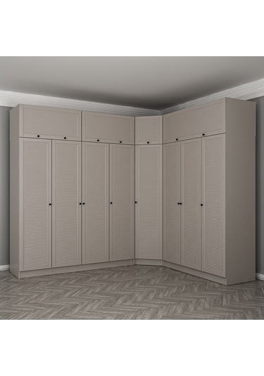 Kale 8 Kapaklı 4 Çekmeceli Köşe Dolap + Yüklük Kumtaşı Mebran Panjur 235cm Bej