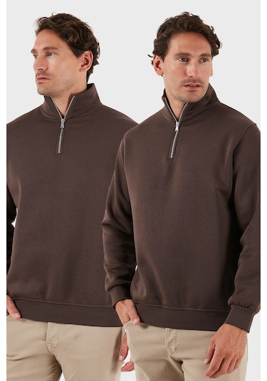 Buratti Pamuklu Regular Fit Dik Yaka 2'Li Paket Erkek Sweat 59052592S2 Koyu Kahve-Koyu Kahve