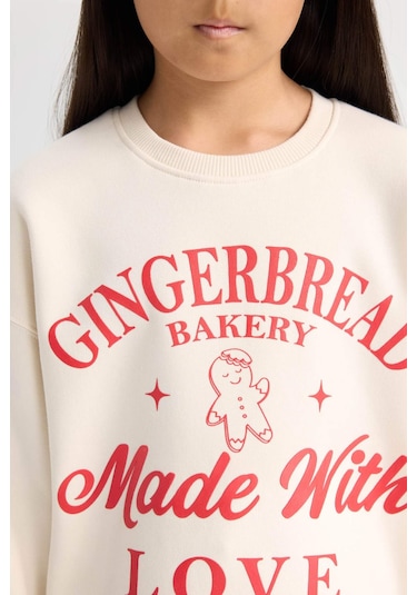 DeFacto Kız Çocuk Relax Fit Bisiklet Yaka Baskılı Sweatshirt D7058A824WNER99 Ekru