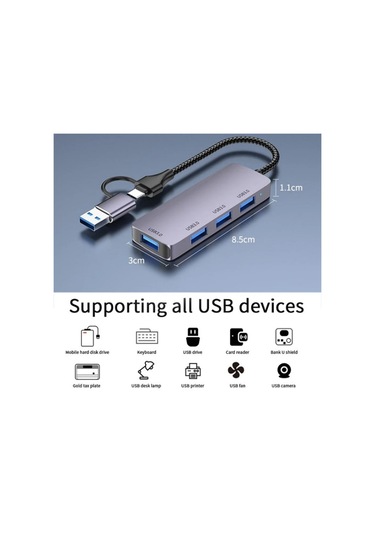 T203 Usb + Typ-c 3.0 Dönüştürücü Hub 5gbps Usb 3.0 Dizüstü Bilgisayar / Tablet Pc İçin Veri Aktarım Adaptörü, Boyut:t203