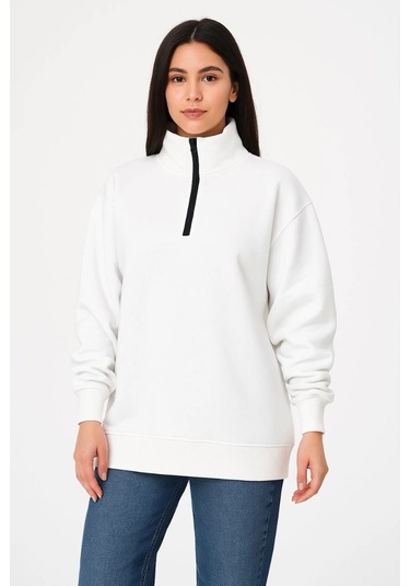 Üç İplik Dık Yaka Yarım Fermuarlı Sweatshirt - Beyaz -vlmr Beyaz
