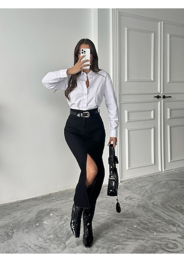 Kadın Ucu Kesik Ön Yırtmaç Kot Etek Si Yah