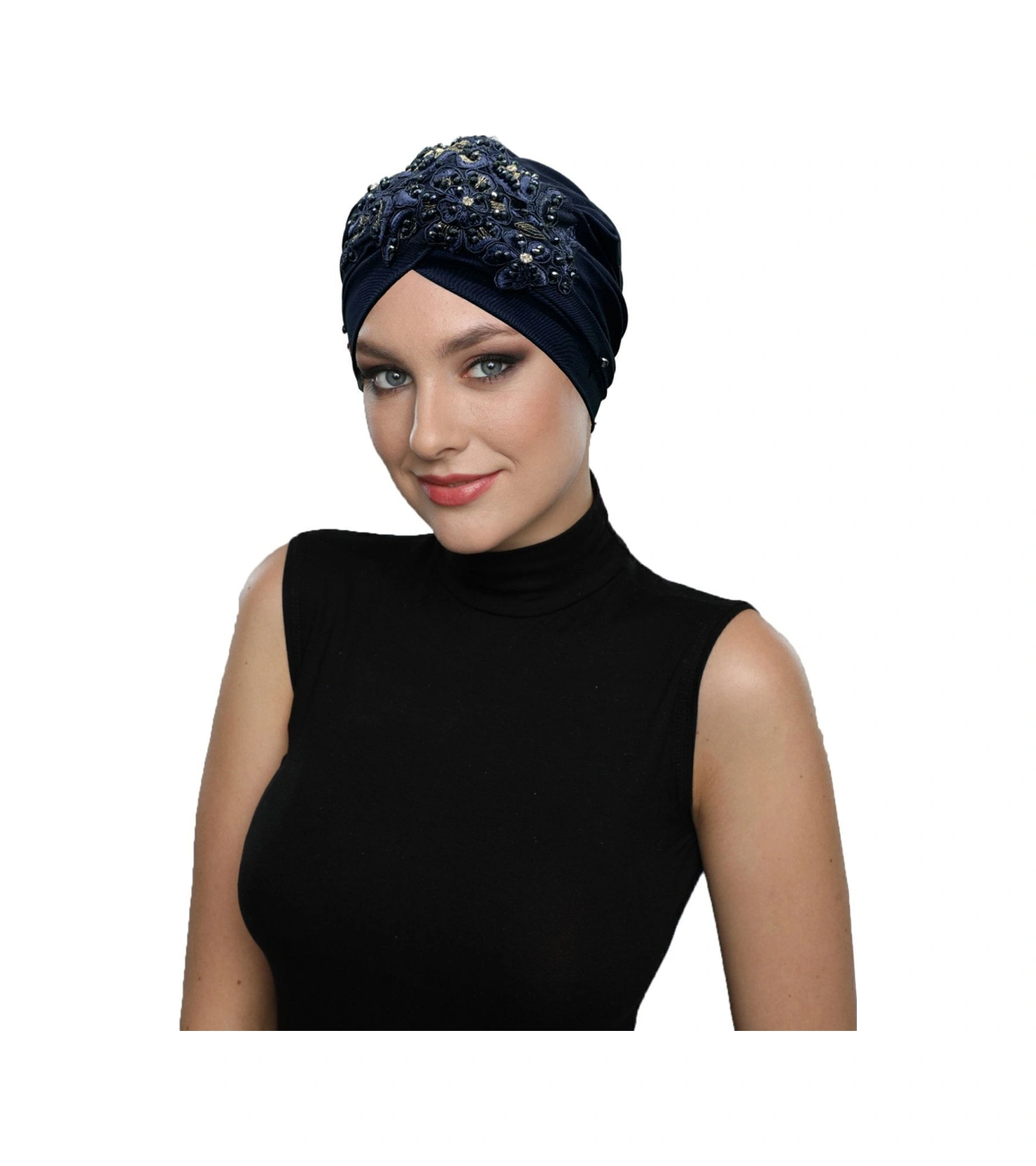 Kopma Astarlı Işlemeli Lacivert Sarı Dantel Motifli Hazır Türban Tesettür Abiye Bone Lacivert Sarı Dantel