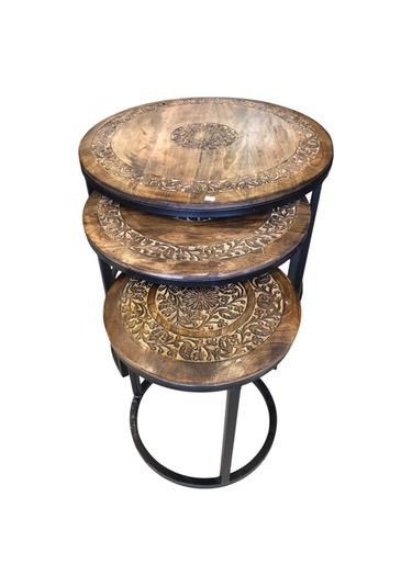 Eskitme Ahşap Ferforje Oymalı Yuvarlak Sehpa 3'lü Set Kna210 68x68x50 Cm.