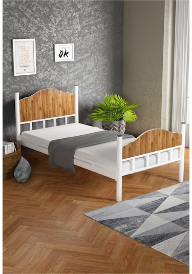 Ejder metal Tek Kişilk Ahşaplı Metal Karyola Ceviz (YATAKSIZ)