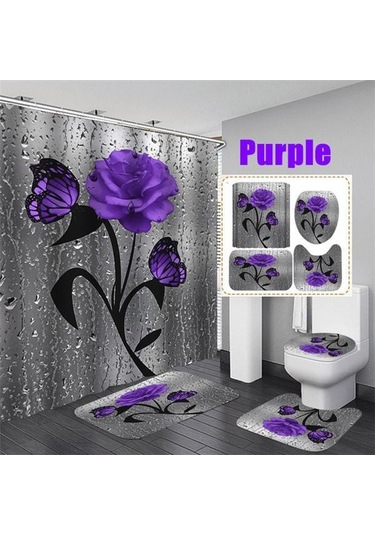 Mor Çiçek Açan Çiçekler Gül Kelebek Duş Perdesi Seti Su Geçirmez Banyo Klozet Kapağı Banyo Kaymaz Mat Halı Halı Banyo Dekor 4 A Mor