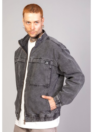 Oversize Erkek Siyah Kar Yıkama Modelli Fermuarlı Bomber Kot ... Füme