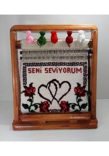 100tel Seni Seviyorum Motifli El Dokuması Hediyelik Minyatür Halı Çok Renkli
