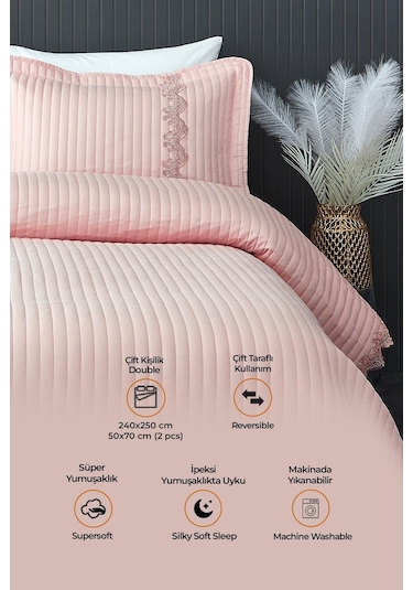 Evlen Home Mihrimah Dantelli Lüks Yatak Örtüsü Seti Çift Kişilik %100 Pamuklu Şık Zarif Yumuşak Dokulu Pudra