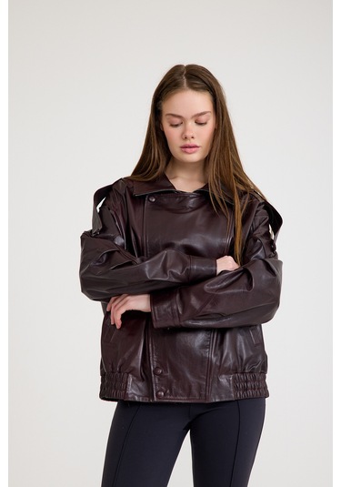 Oversize Kısa Bayan Deri Ceket Vb-14-bk-2847-24115 Bordo